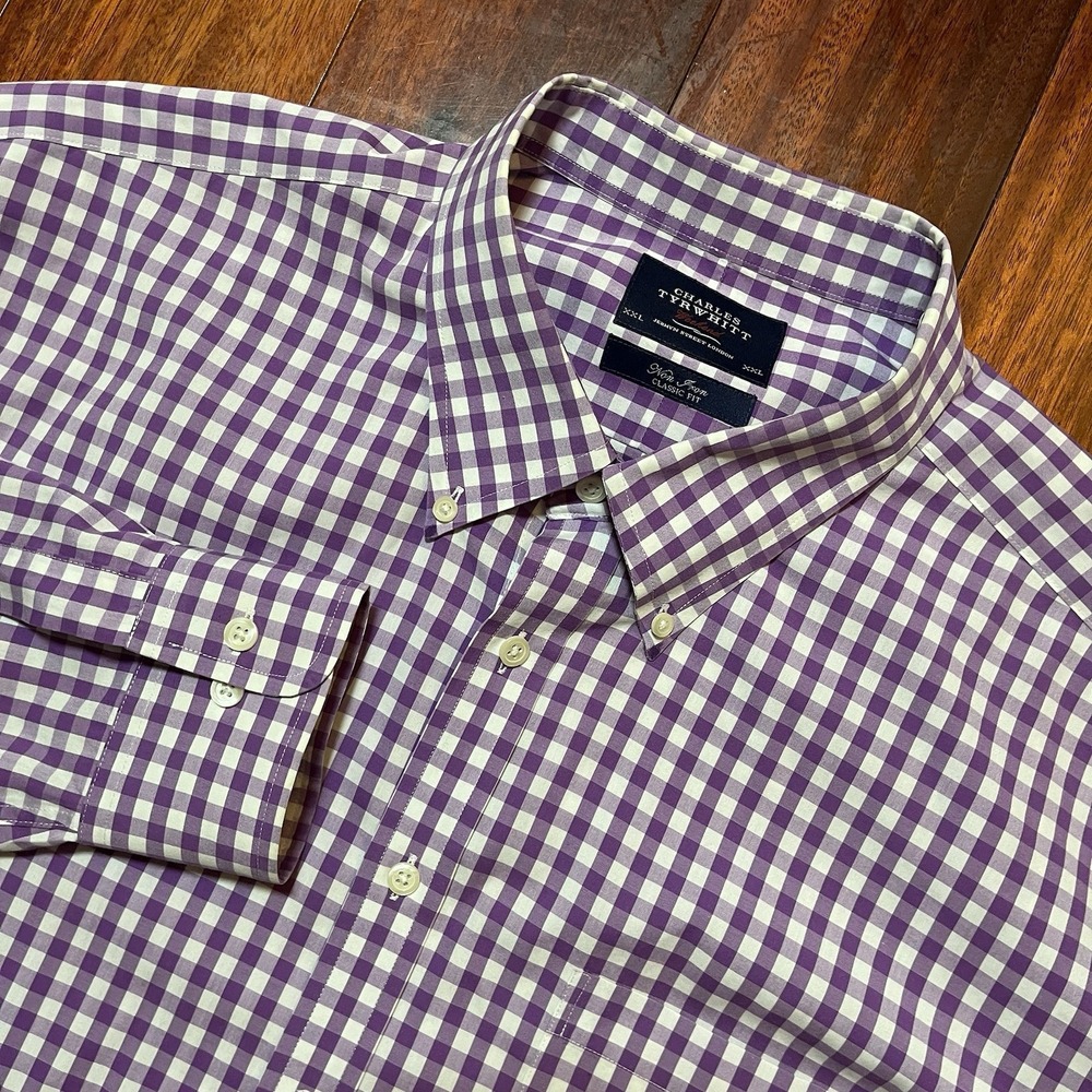 Charles Tyrwhitt Shirt Mens Xxl Purple Gingham Check Weekend Non Iron Classic